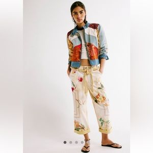 Free People Cream Floral Cropped Embroidered Pants